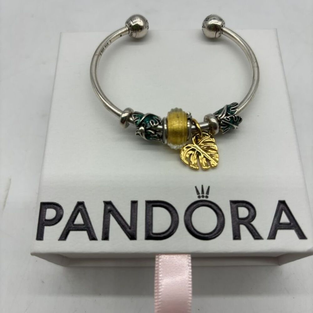 Pandora Sterling Silver Open Bangle Bracelet With Charms